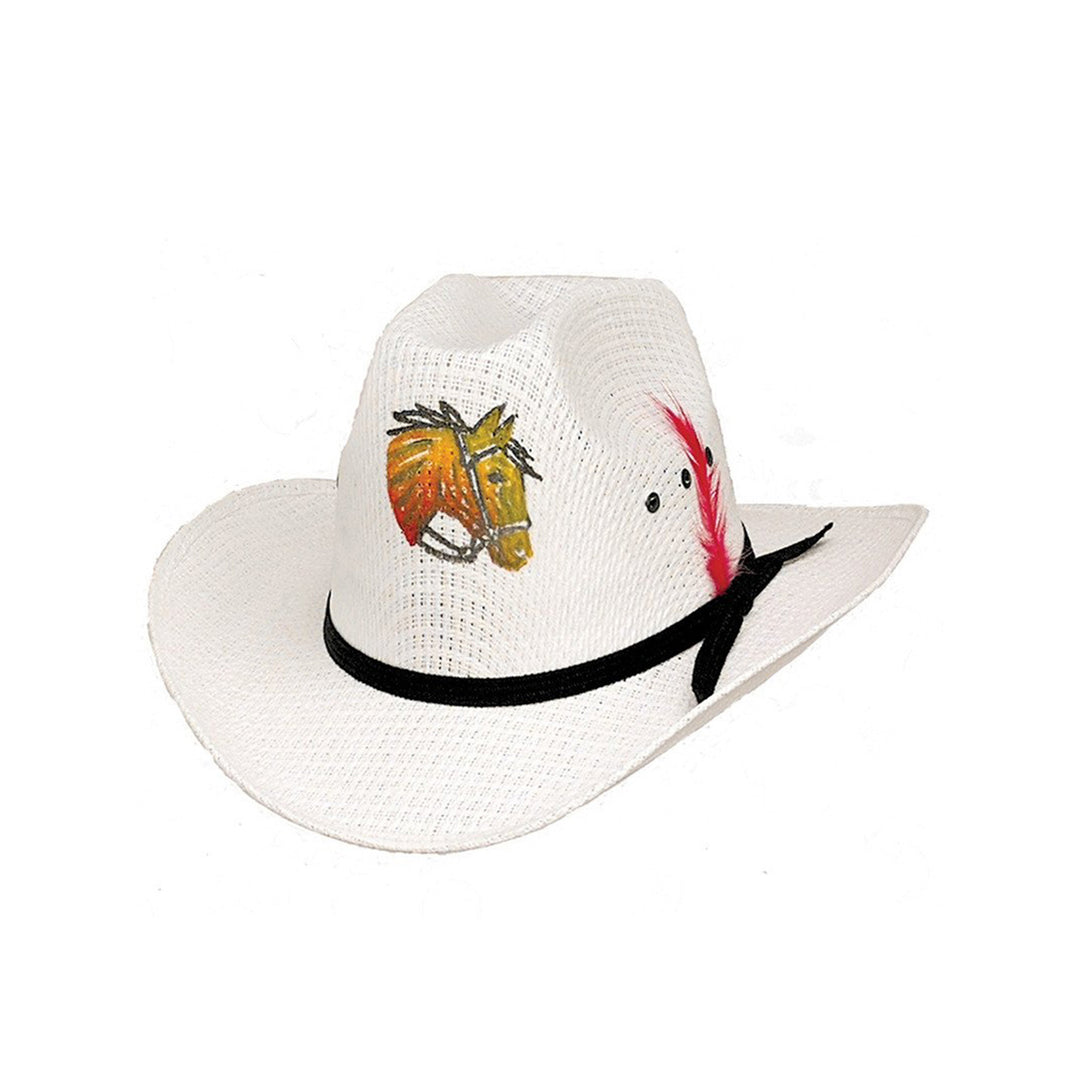 White Straw Western Hat with Horse &amp; Feather - K