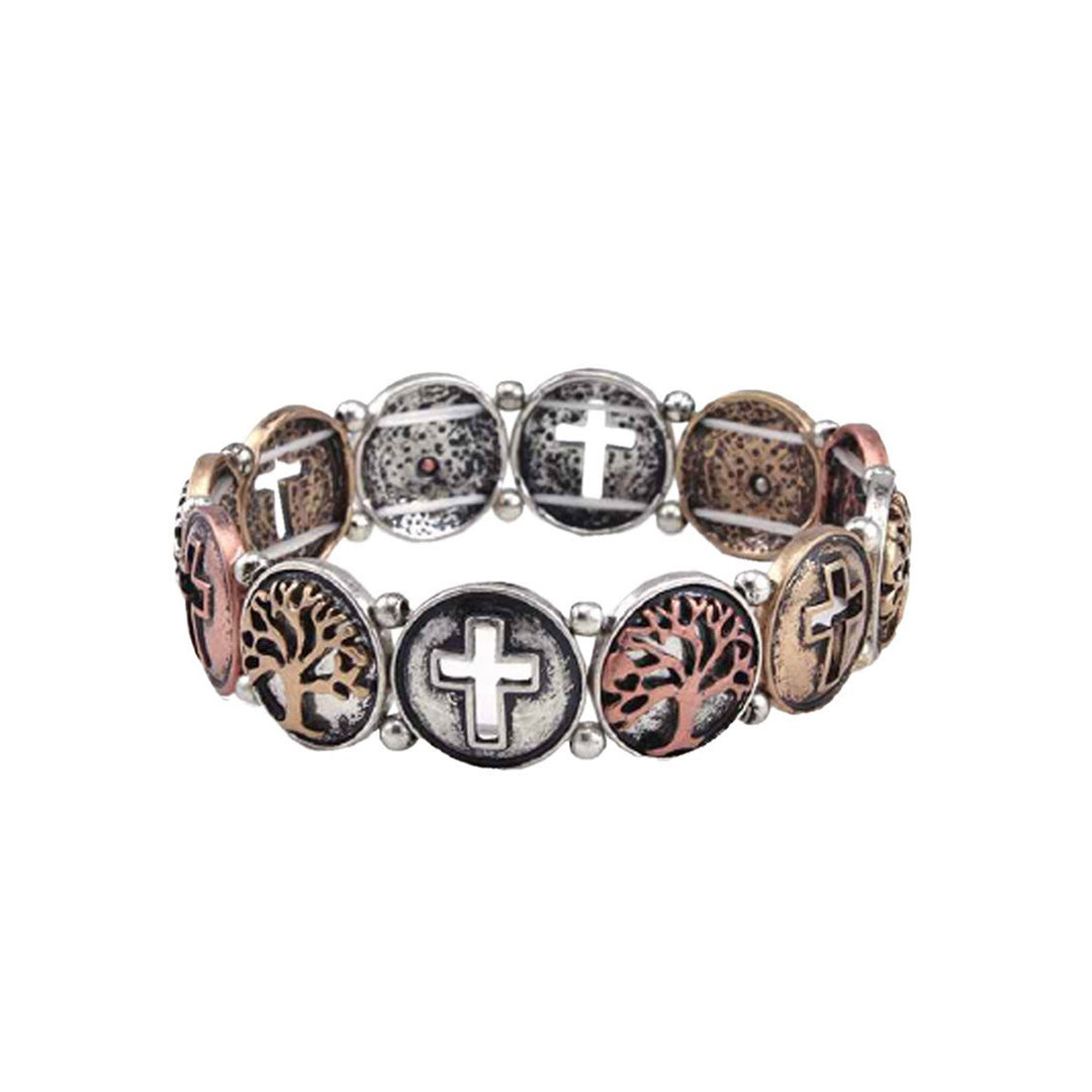 Metal Bracelet with Brown Trees &amp; Cross