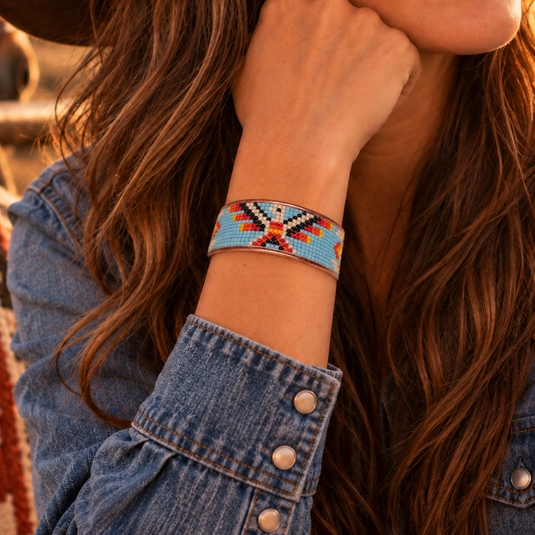 Hand-Beaded Czech Bead Copper Cuff Bracelet - Large - Turquoise and Blue Geometric