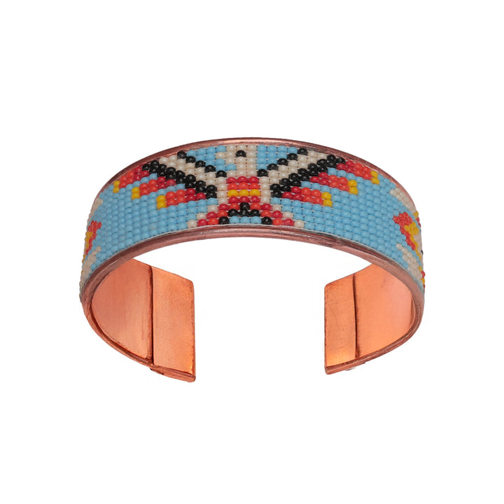 Hand-Beaded Czech Bead Copper Cuff Bracelet - Large - Turquoise and Blue Geometric