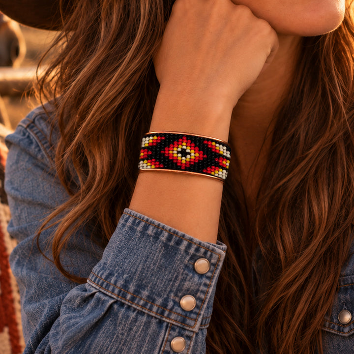 Hand-Beaded Czech Bead Copper Cuff Bracelet - Large - Black and Red Diamond