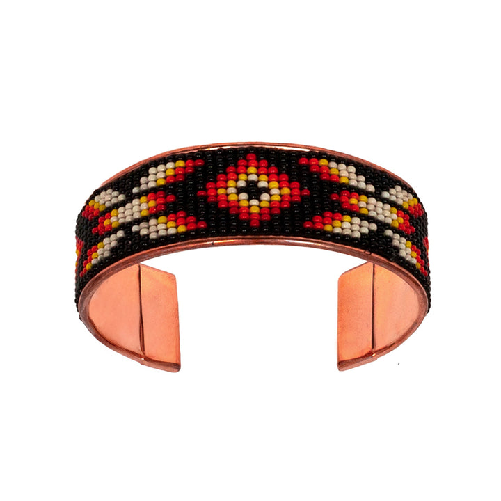 Hand-Beaded Czech Bead Copper Cuff Bracelet - Large - Black and Red Diamond
