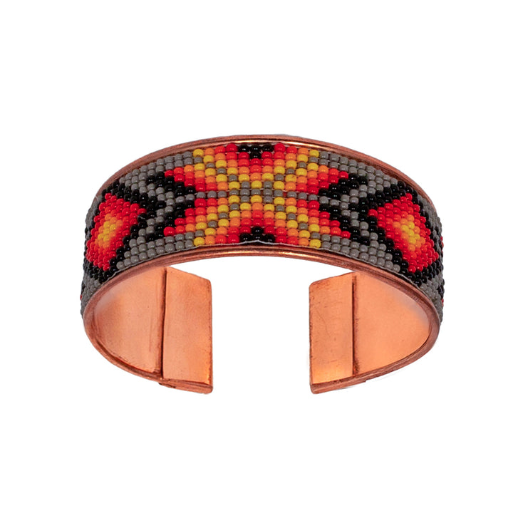 Hand-Beaded Czech Bead Copper Cuff Bracelet - Large - Gray, Red and Black Geometric