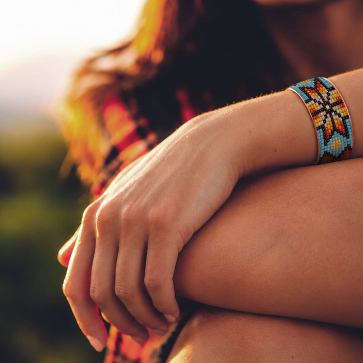 Hand-Beaded Czech Bead Copper Cuff Bracelet - Large - Blue and Multicolor Sunburst