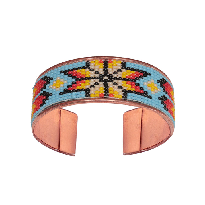 Hand-Beaded Czech Bead Copper Cuff Bracelet - Large - Blue and Multicolor Sunburst