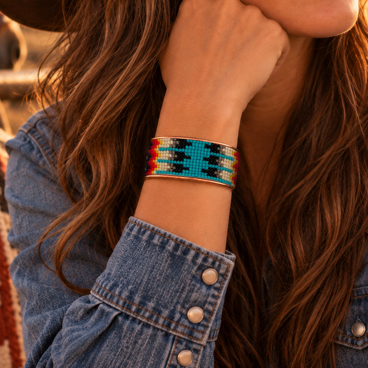 Hand-Beaded Czech Bead Copper Cuff Bracelet - Large - Turquoise and Black Geometric