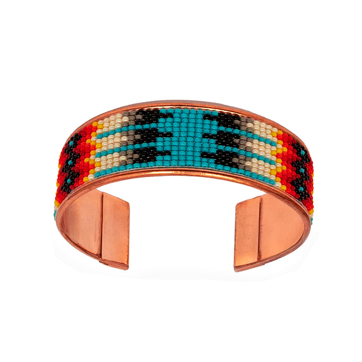 Hand-Beaded Czech Bead Copper Cuff Bracelet - Large - Turquoise and Black Geometric