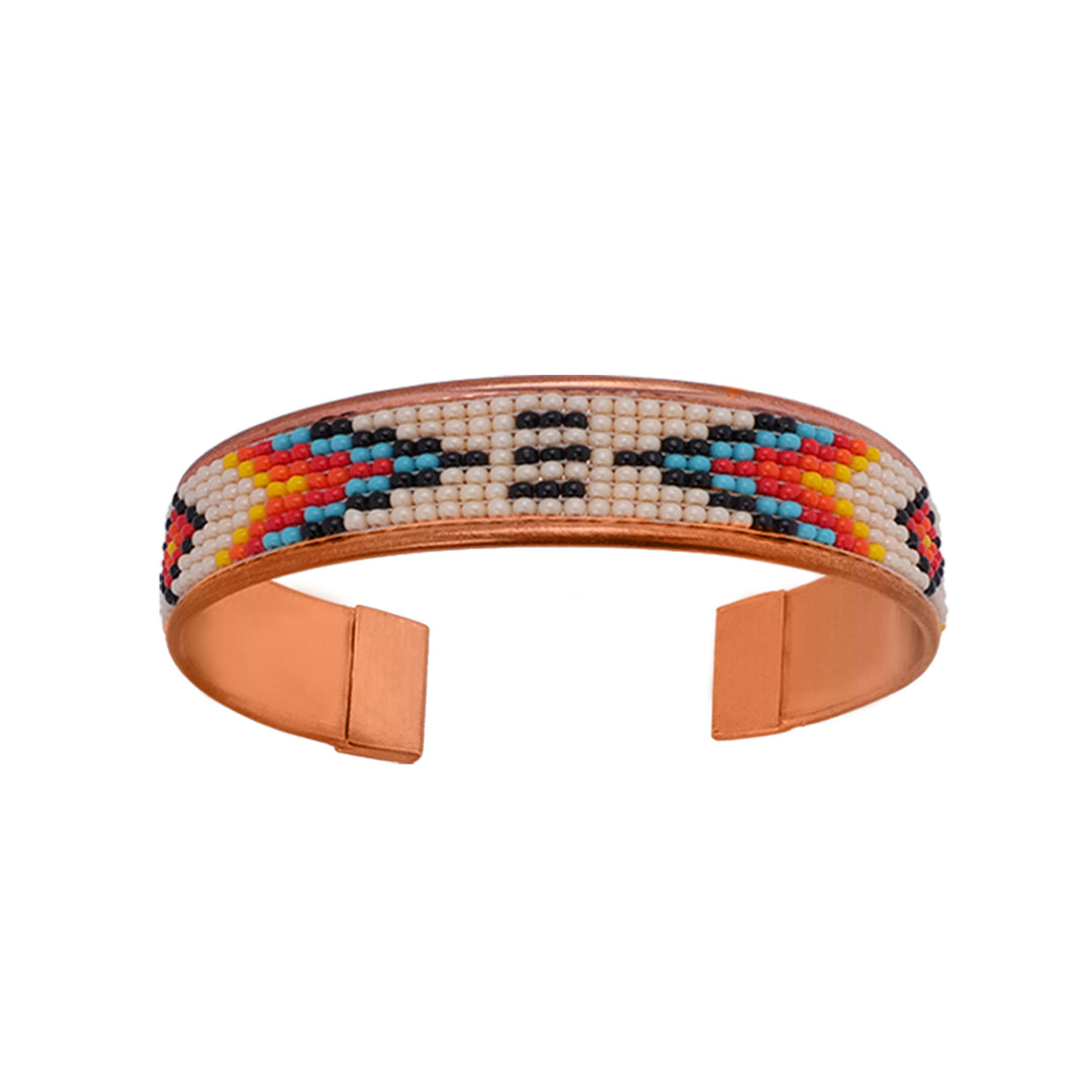 Hand-Beaded Czech Bead Copper Cuff Bracelet - Small - Turquoise, Orange and Black Geometric