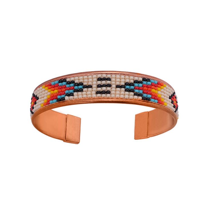 Hand-Beaded Czech Bead Copper Cuff Bracelet - Small - Turquoise, Orange and Black Geometric