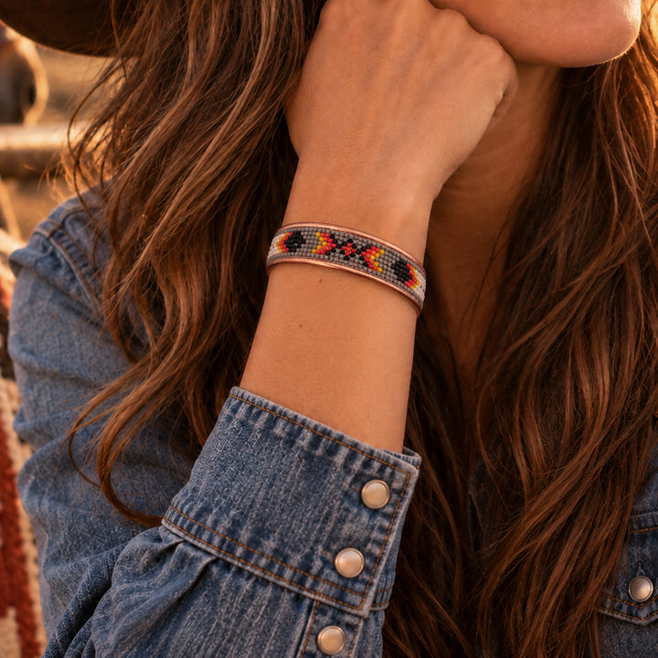 Hand-Beaded Czech Bead Copper Cuff Bracelet - Small - Gray and Red Geometric