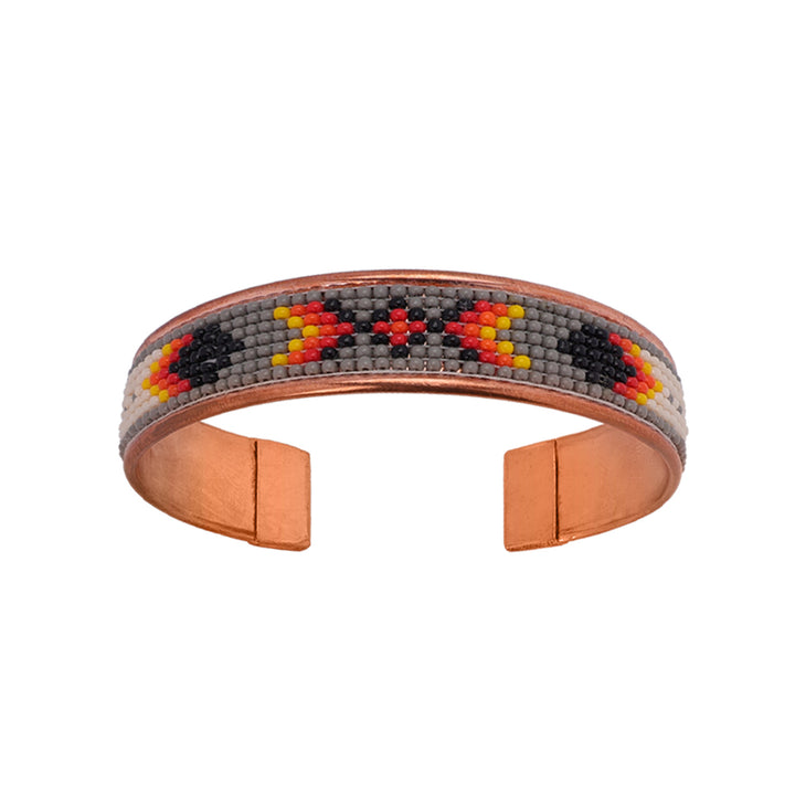Hand-Beaded Czech Bead Copper Cuff Bracelet - Small - Gray and Red Geometric