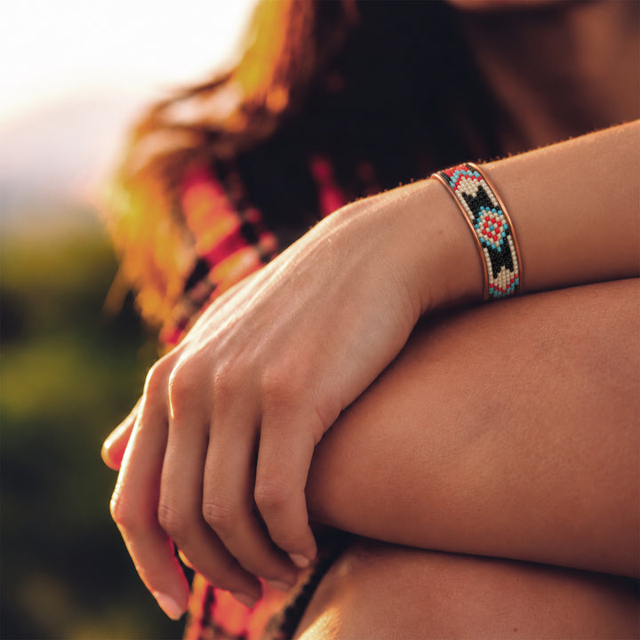 Hand-Beaded Czech Bead Copper Cuff Bracelet - Small - Black and Turquoise Diamond