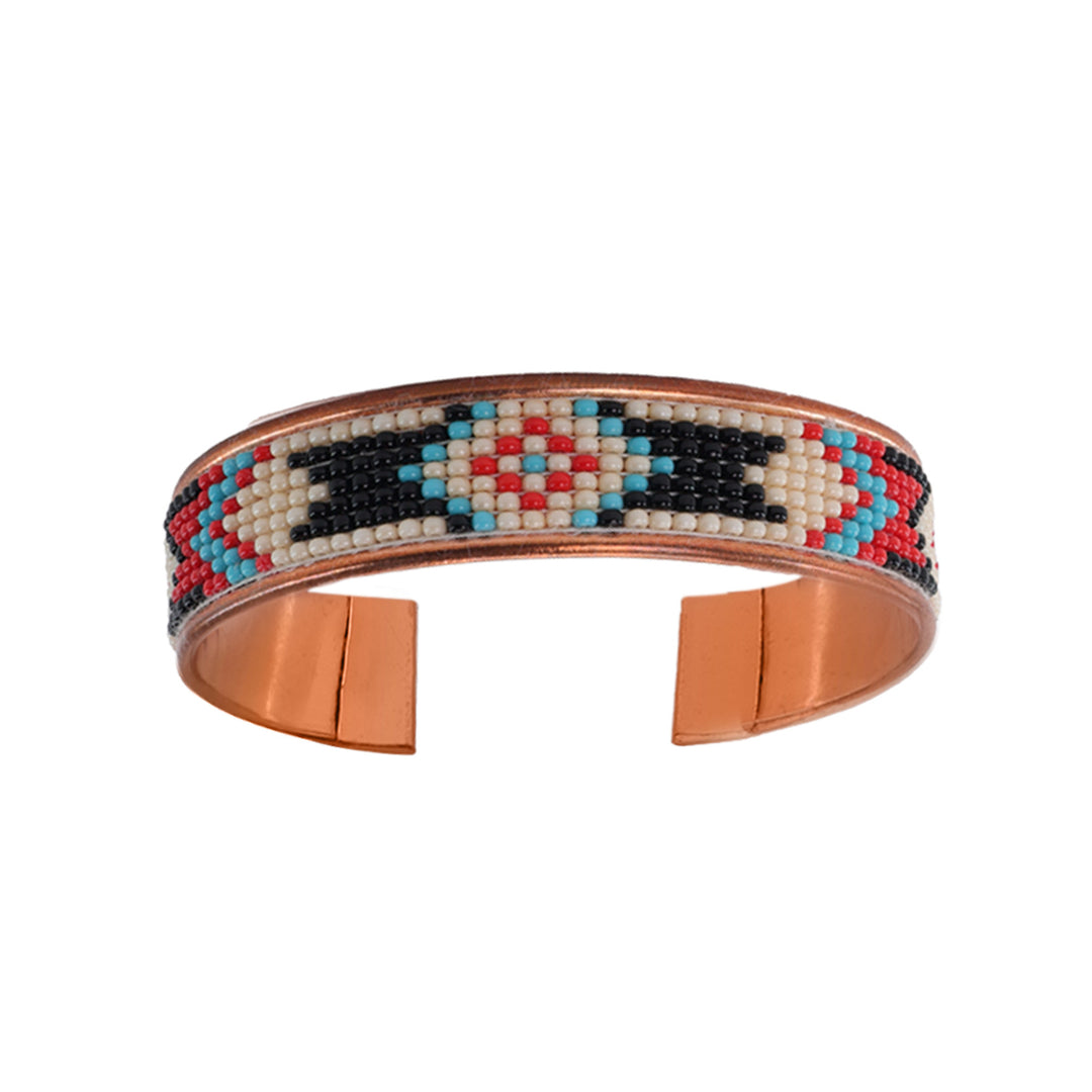 Hand-Beaded Czech Bead Copper Cuff Bracelet - Small - Black and Turquoise Diamond