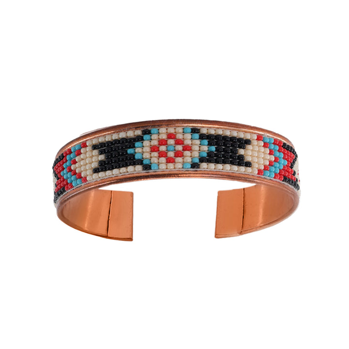 Hand-Beaded Czech Bead Copper Cuff Bracelet - Small - Black and Turquoise Diamond
