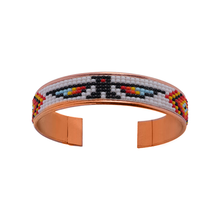Hand-Beaded Czech Bead Copper Cuff Bracelet - Small - Black and Multicolor Geometric