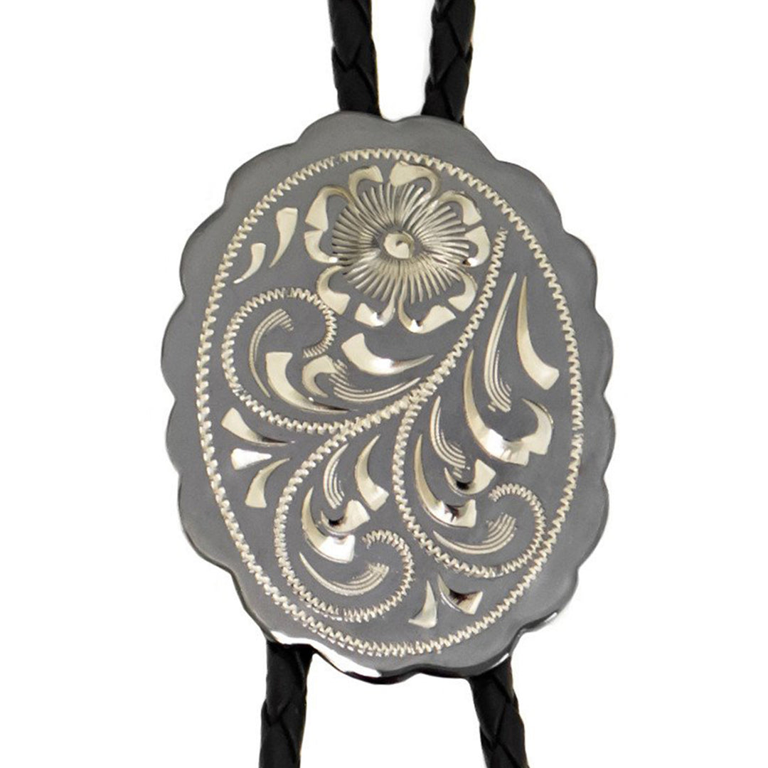 Floral Engraving on Scalloped Oval German Silver Bolo Tie