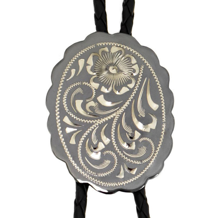 Floral Engraving on Scalloped Oval German Silver Bolo Tie
