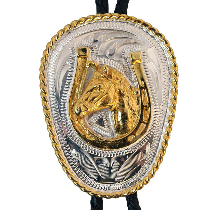 Horse Head in Horseshoe German Silver Oval Bolo Tie