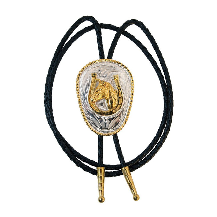 Horse Head in Horseshoe German Silver Oval Bolo Tie