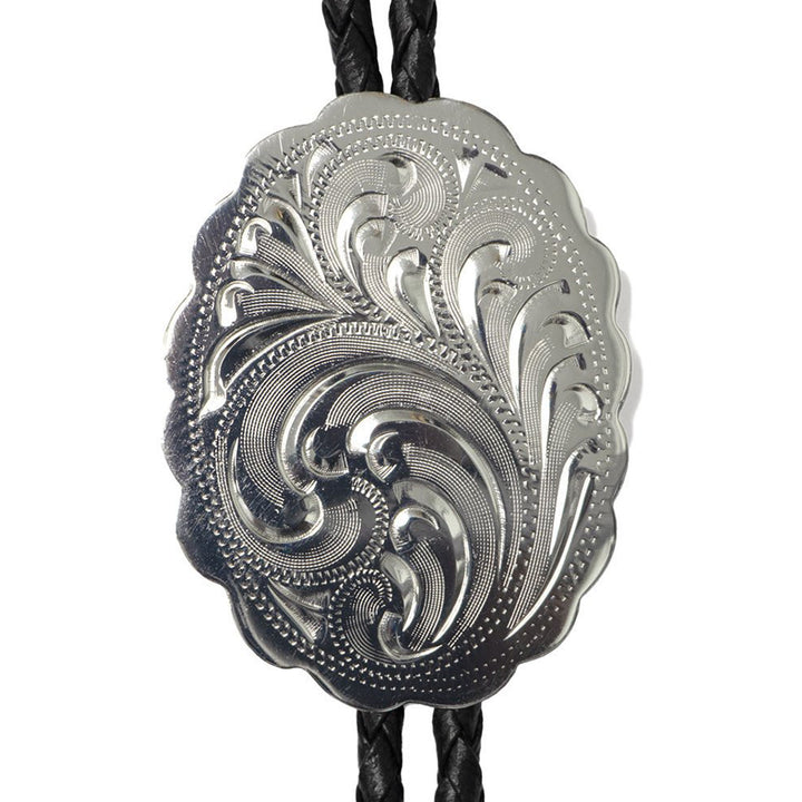 Engraved Silver Scalloped Oval German Silver Bolo Tie