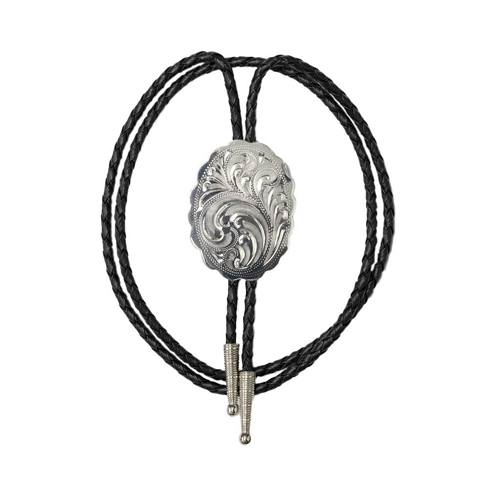 Engraved Silver Scalloped Oval German Silver Bolo Tie