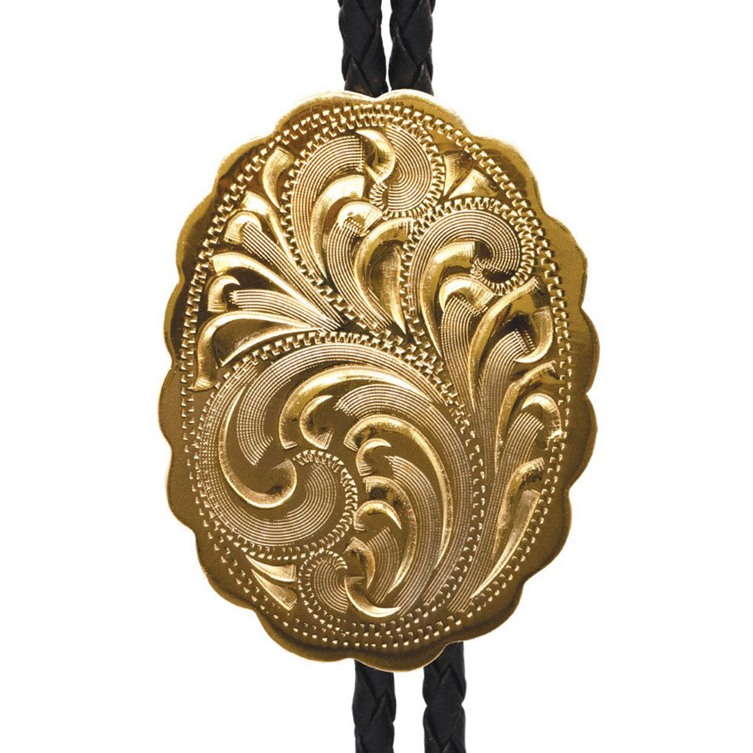 Engraved Gold Scalloped Oval German Silver Bolo Tie
