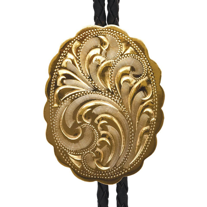 Engraved Gold Scalloped Oval German Silver Bolo Tie