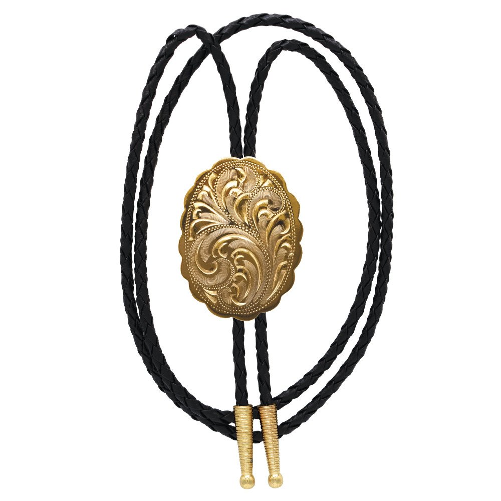Engraved Gold Scalloped Oval German Silver Bolo Tie