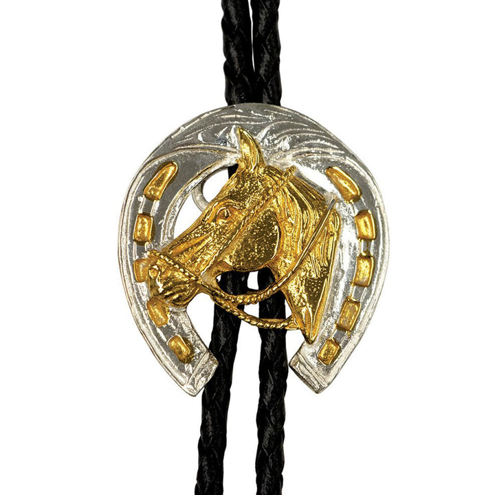 Horseshoe German Silver Bolo Tie with Horse Head