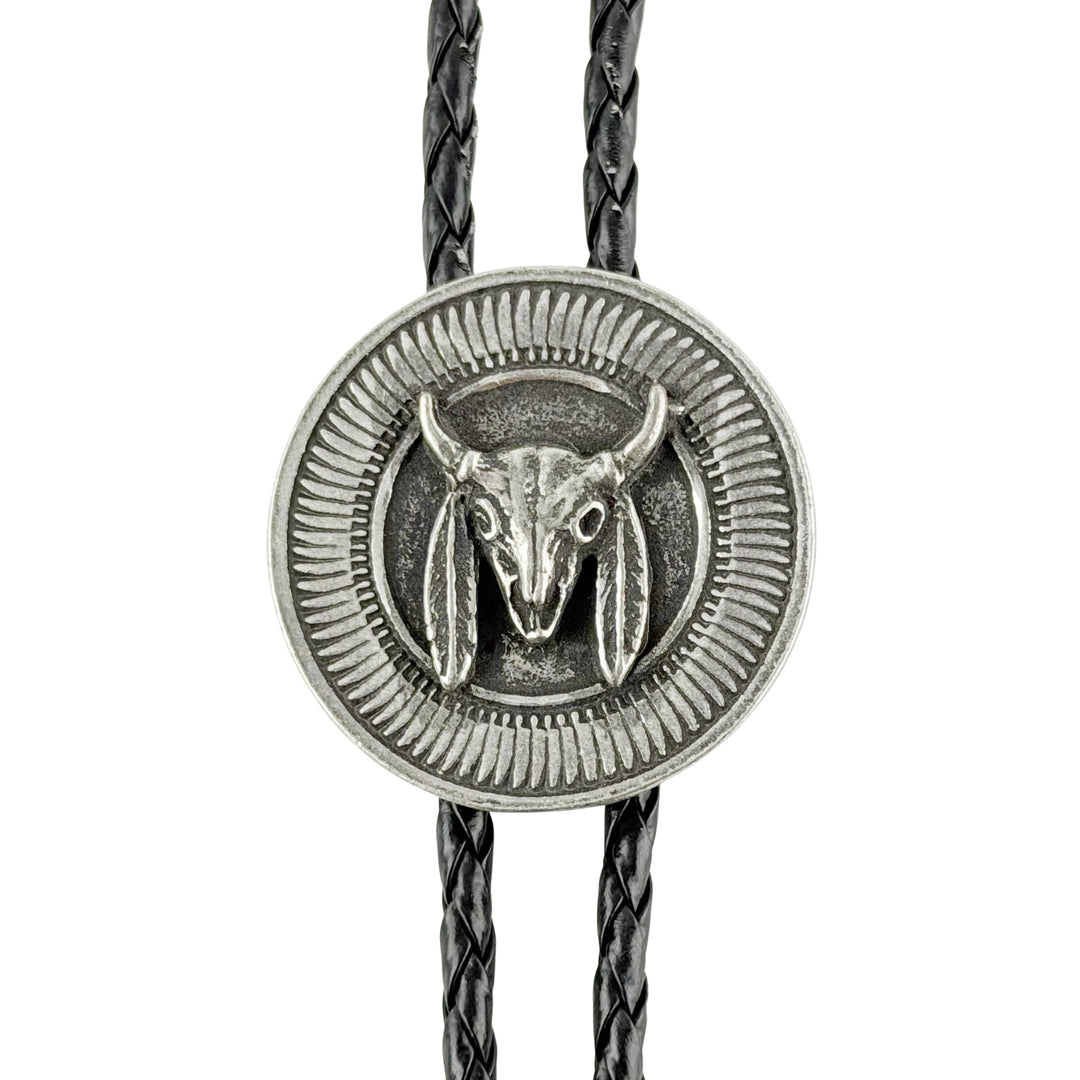 Round Bull Skull Western Bolo Tie - Cast Pewter