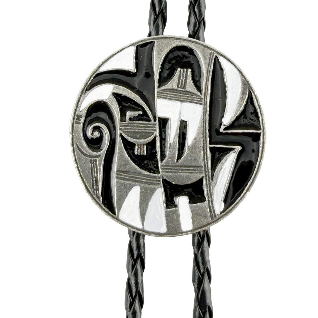 Round Southwestern Pattern Western Bolo Tie - Black and White Enamel