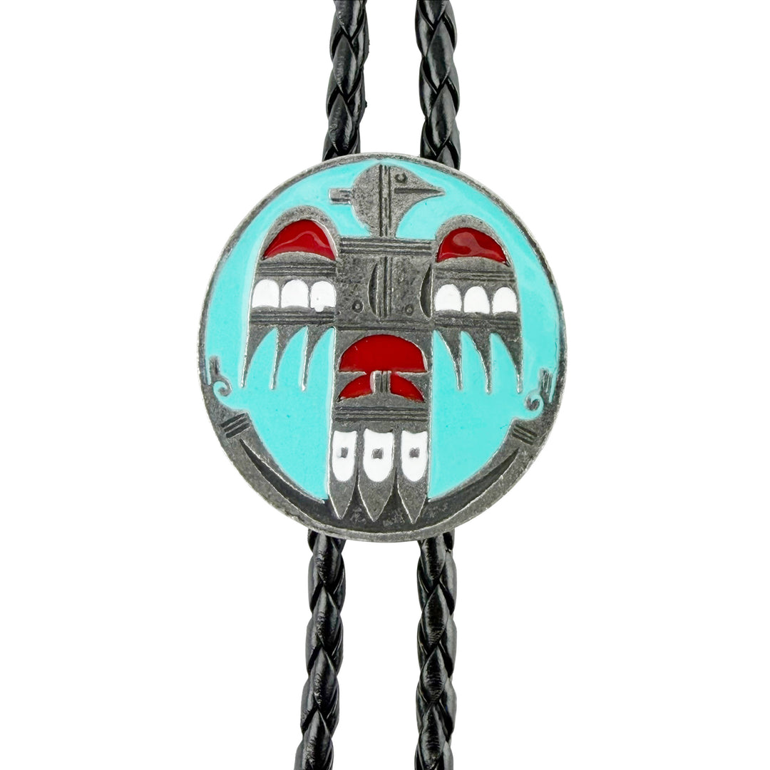 Round Thunderbird Western Bolo Tie - Turquoise Enamel