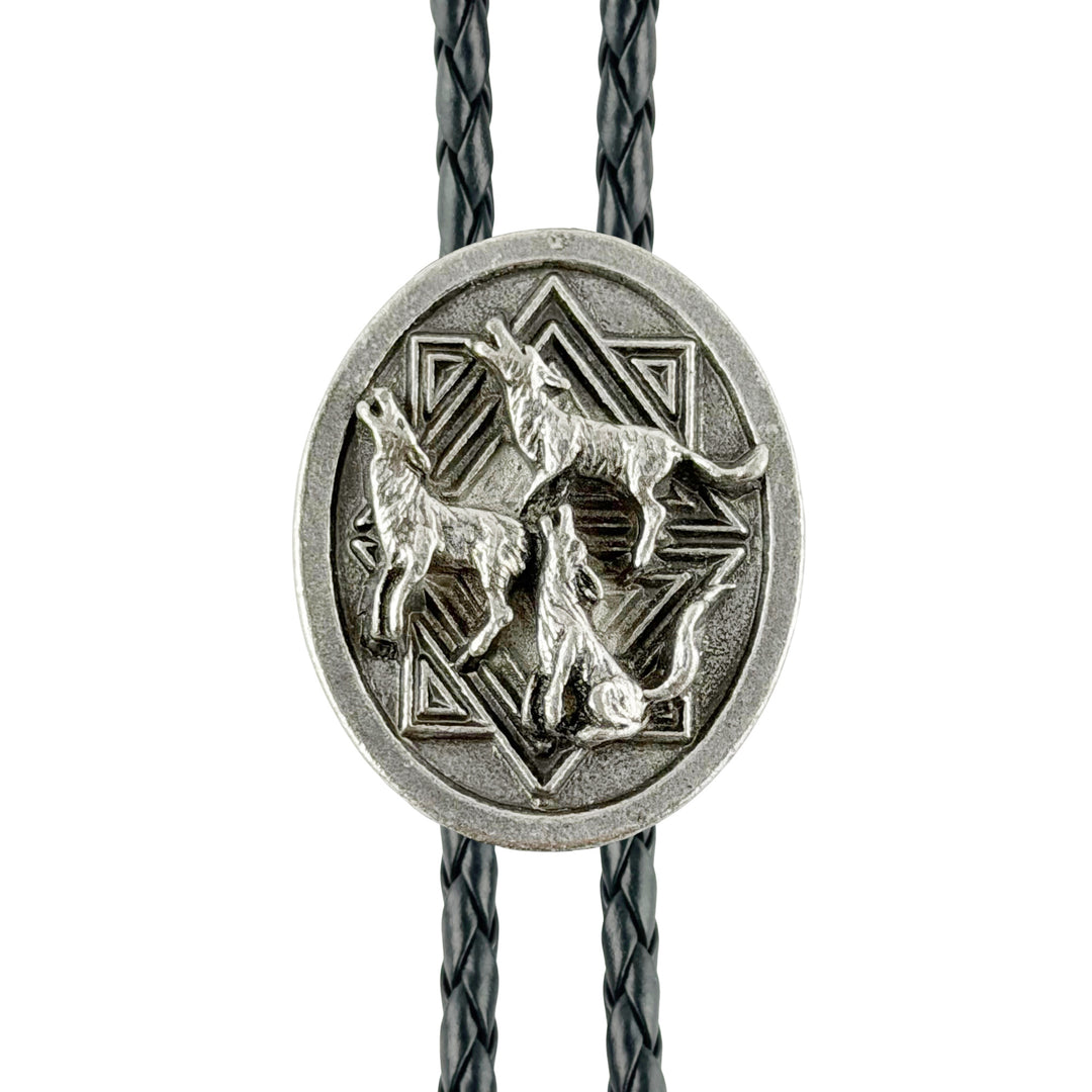 Oval Wolf Trio Western Bolo Tie - Cast Pewter