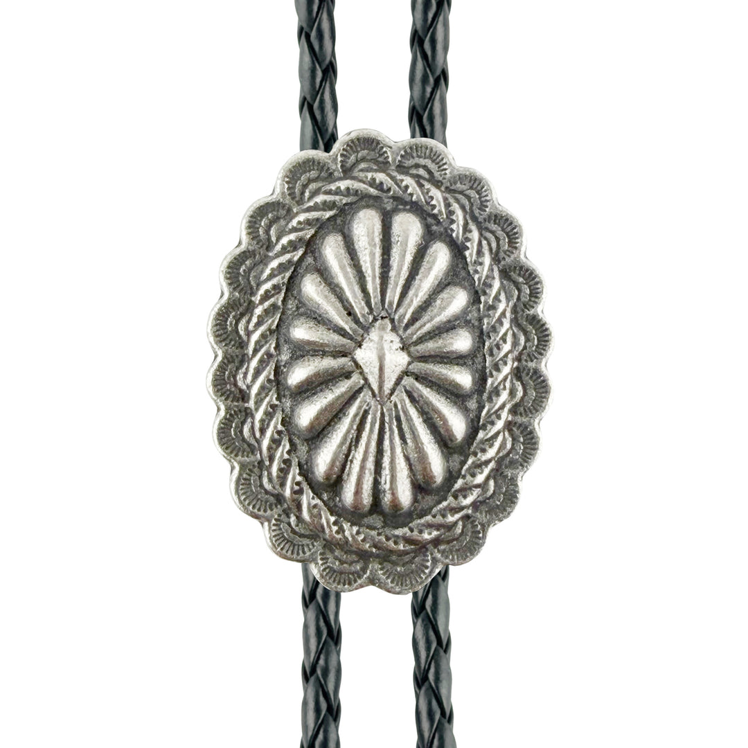 Oval Floral Concho Western Bolo Tie - Cast Pewter