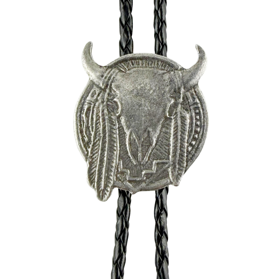 Bull Skull Feather Western Bolo Tie - Cast Pewter