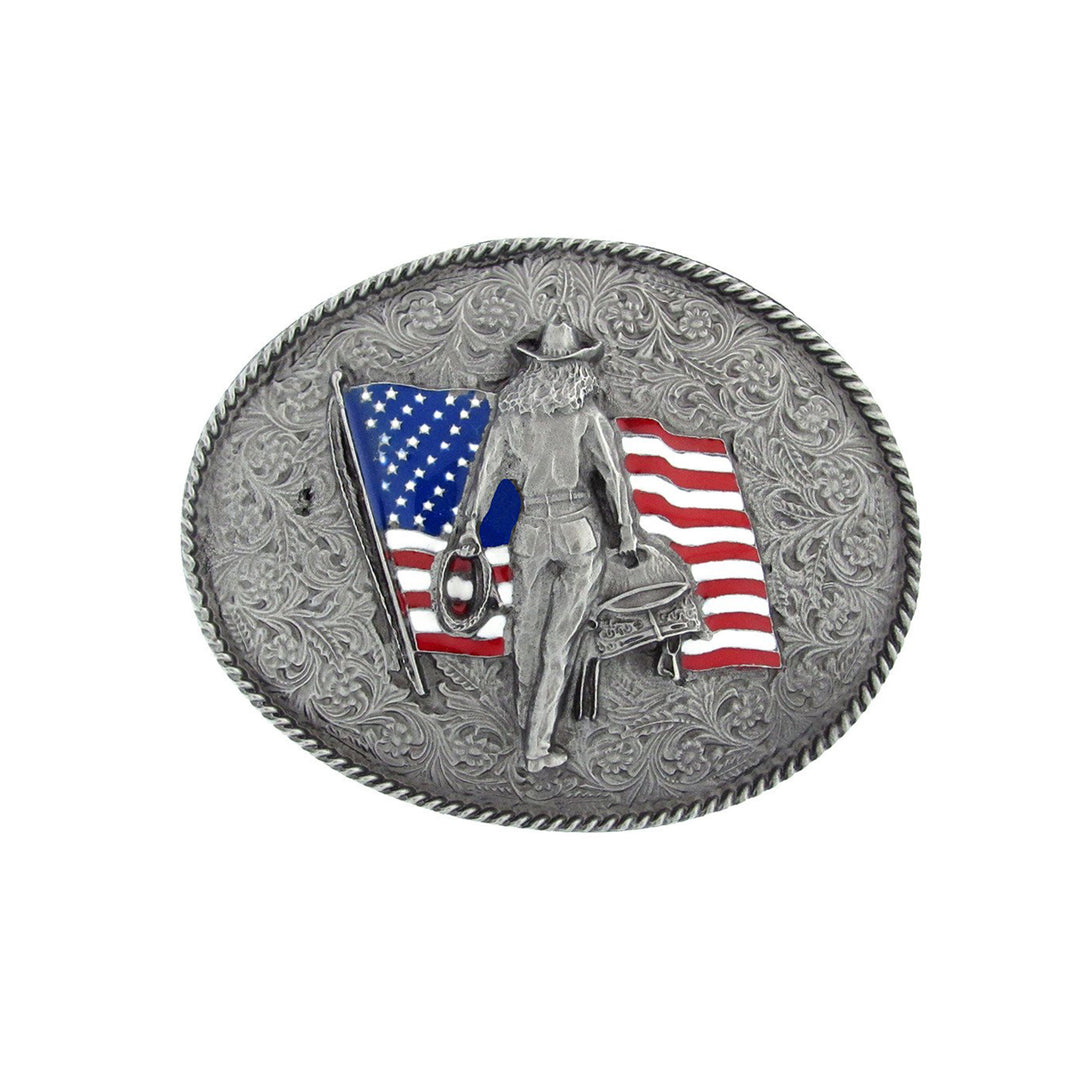 Oval Cowgirl with American Flag Belt Buckle with Enamel Finish