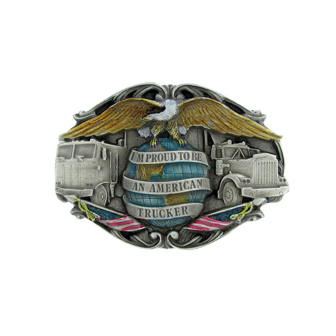 Proud to be an American Trucker Belt Buckle with Enamel Finish