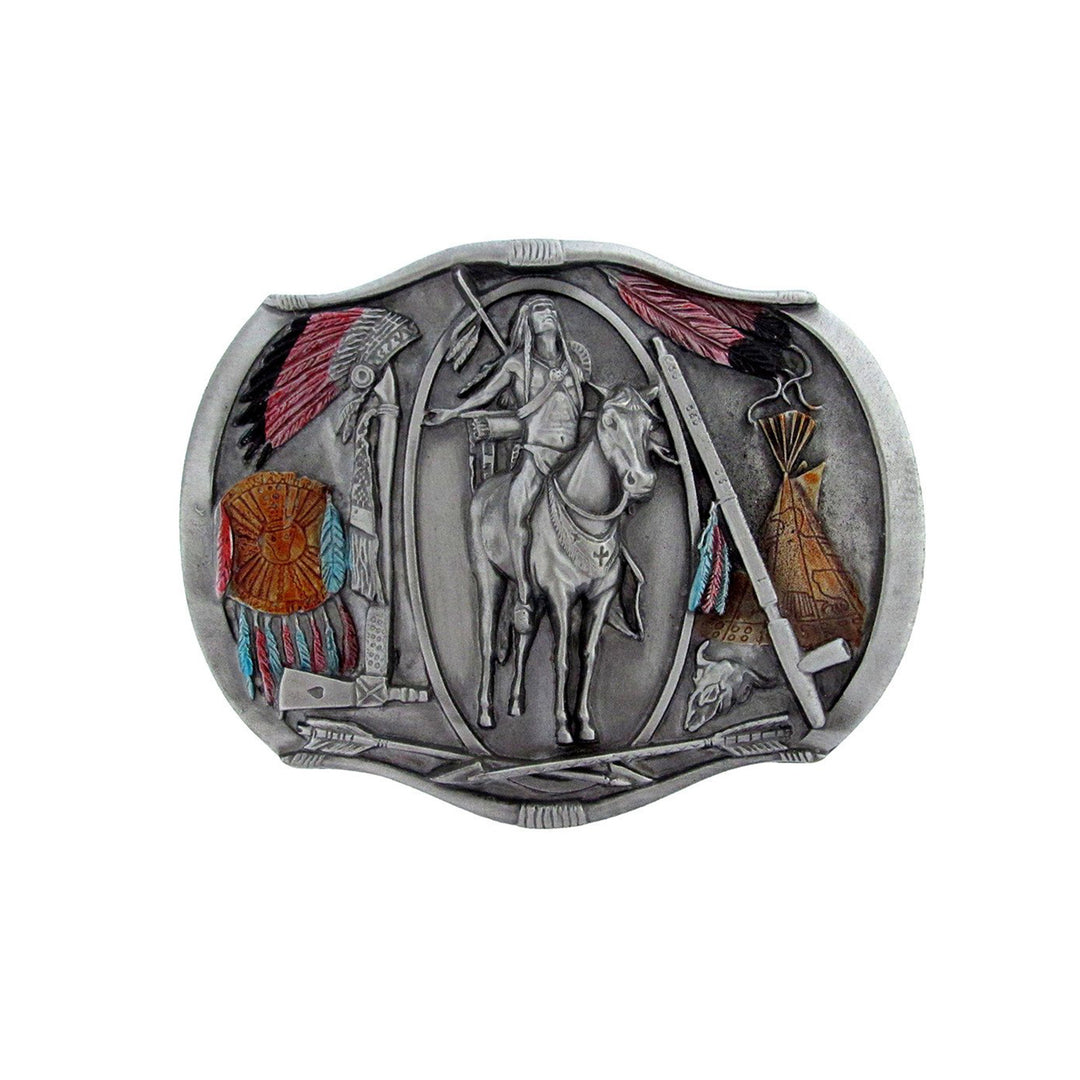 Native American Man Belt Buckle with Enamel Finish