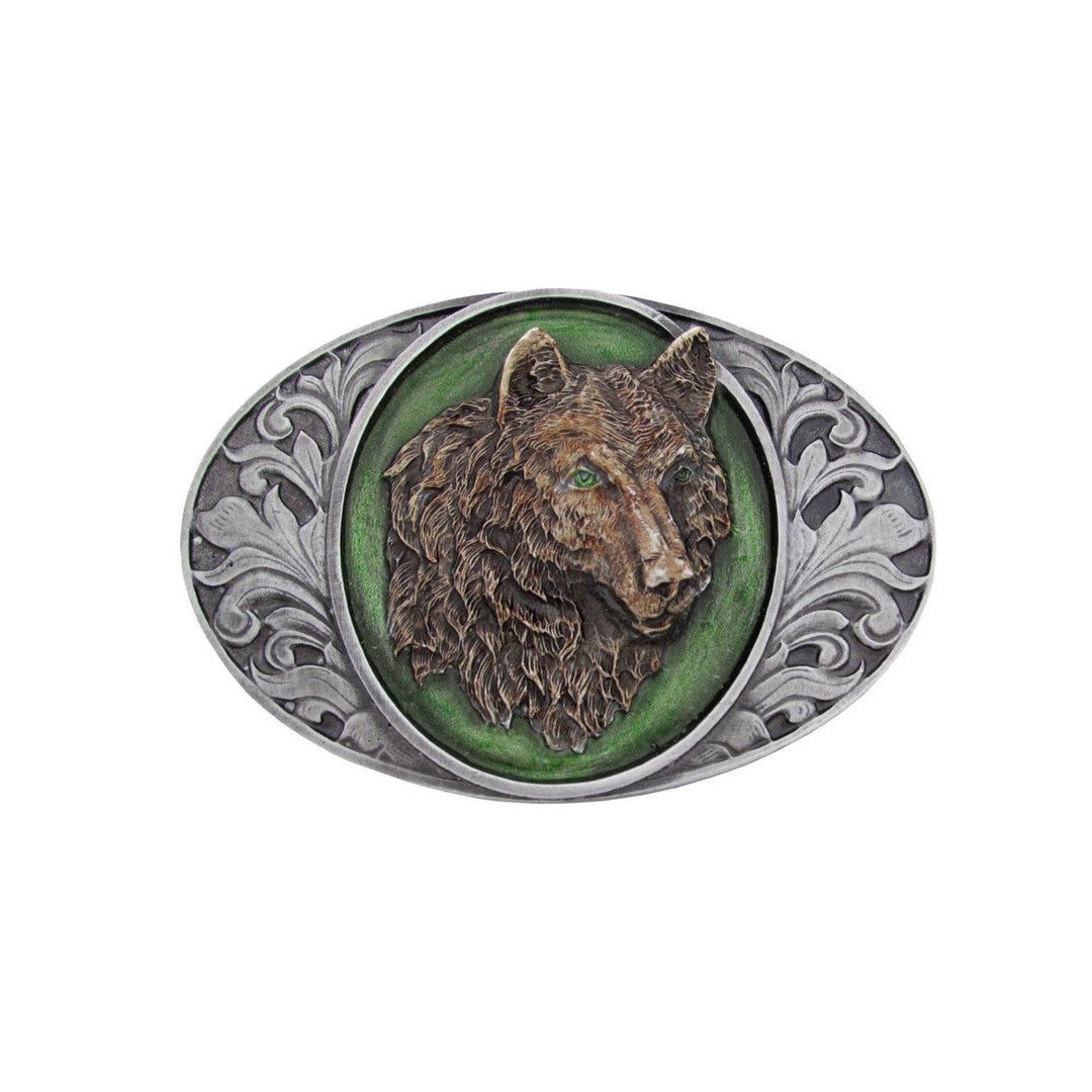 Wolf and Western Scrolls Belt Buckle with Enamel Finish