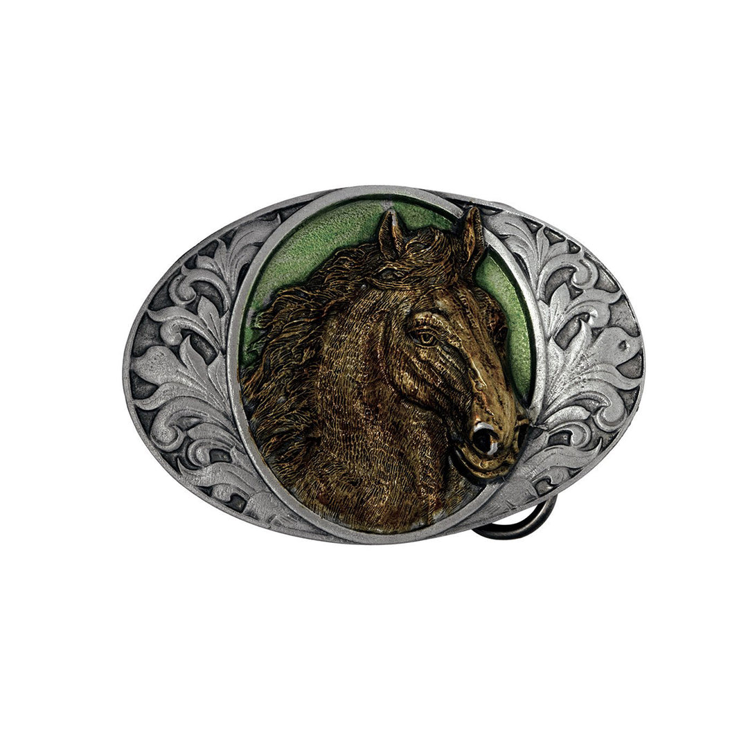 Horsehead and Western Scrolls Belt Buckle with Enamel Finish