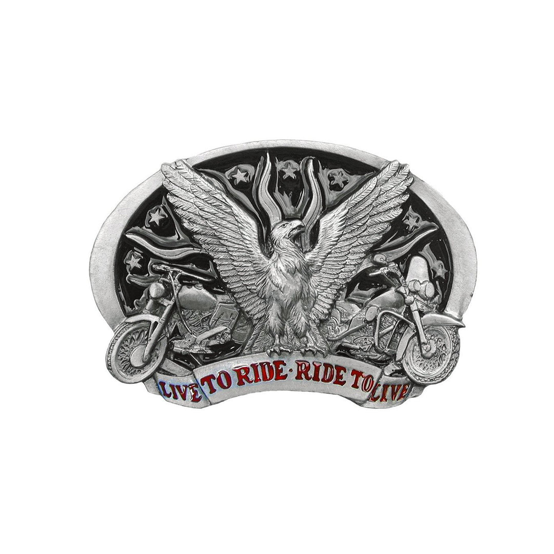 Live to Ride Eagle and Bikes Belt Buckle with Enamel Finish