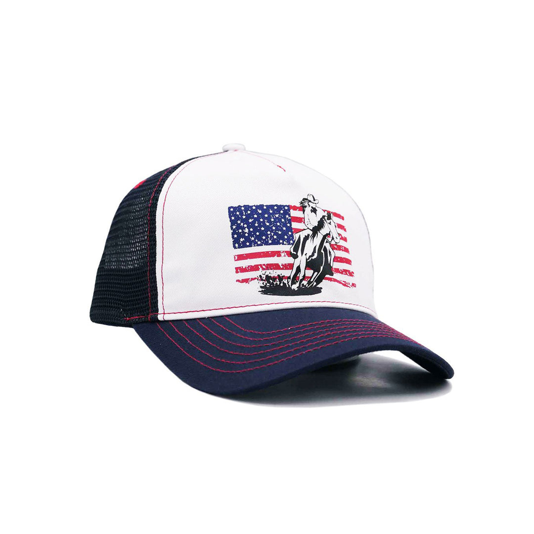 White &amp; Navy Cowgirl on horse with American flag Trucker Cap
