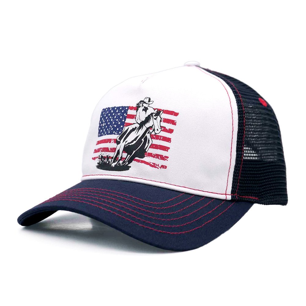 White &amp; Navy Cowgirl on horse with American flag Trucker Cap