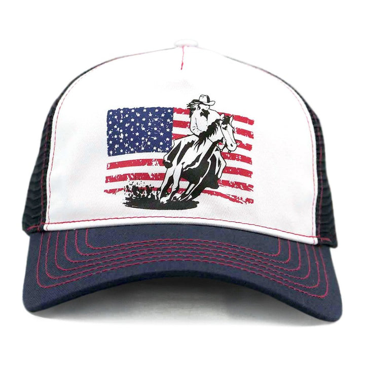 White &amp; Navy Cowgirl on horse with American flag Trucker Cap