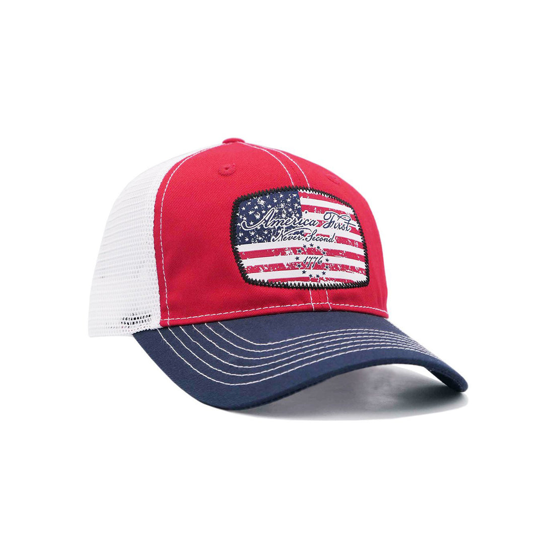 Red &amp; Navy "America First Never Second" Trucker Cap