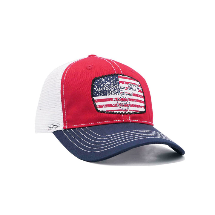 Red &amp; Navy "America First Never Second" Trucker Cap