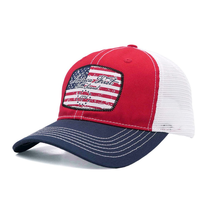 Red &amp; Navy "America First Never Second" Trucker Cap
