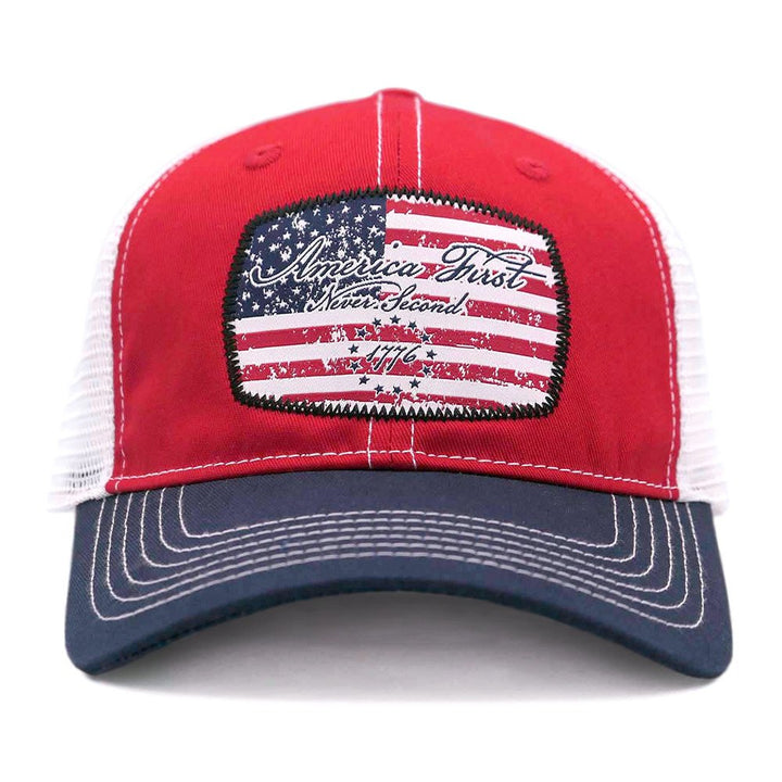 Red &amp; Navy "America First Never Second" Trucker Cap