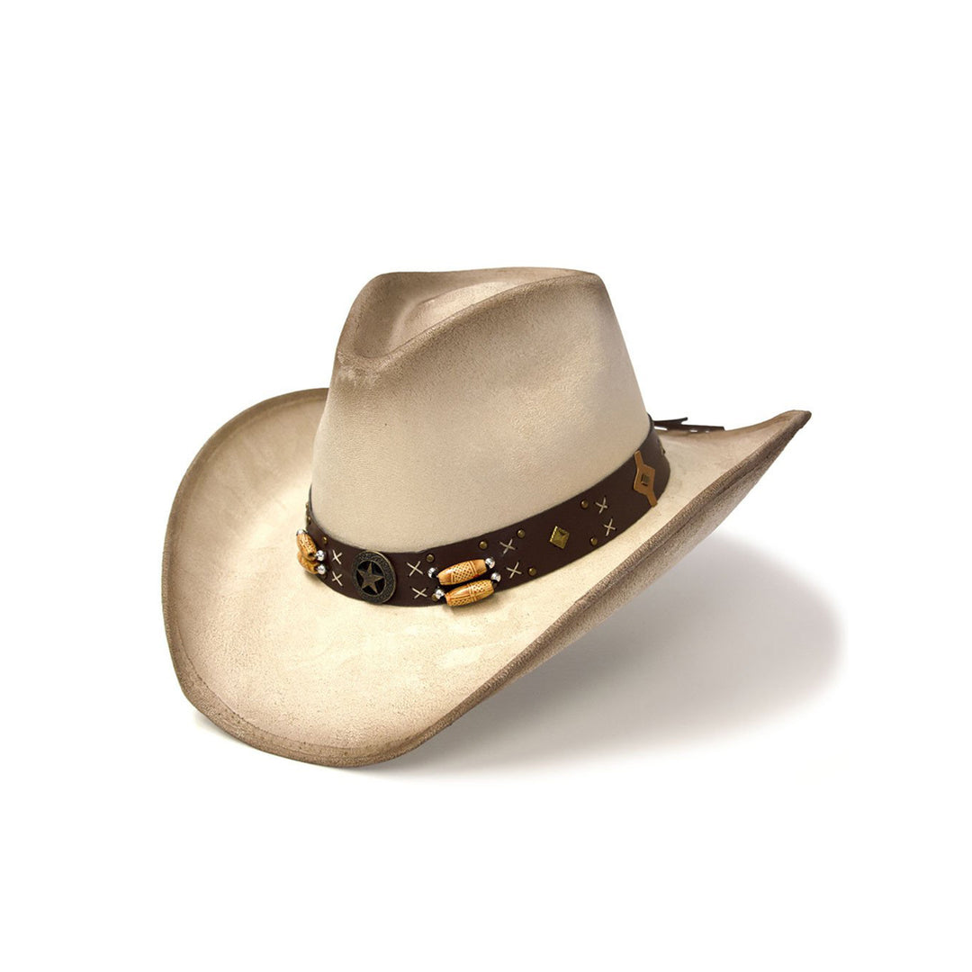 Beige &amp; Buff Suede Finish Western Pinch Front Hat with Star Concho &amp; Beads Hat Band