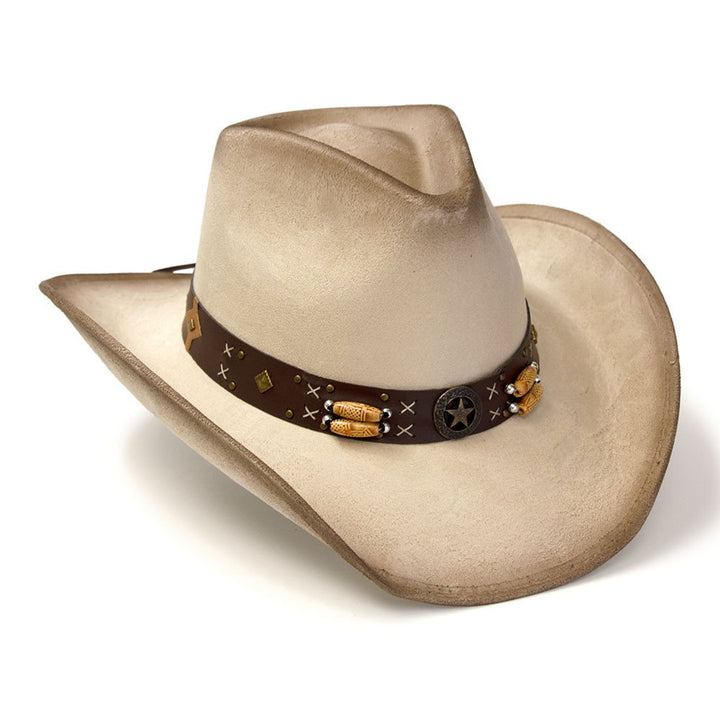 Beige &amp; Buff Suede Finish Western Pinch Front Hat with Star Concho &amp; Beads Hat Band